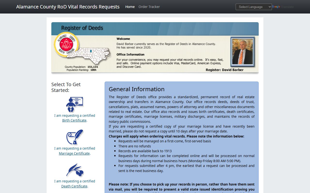 Alamance County online death records request system