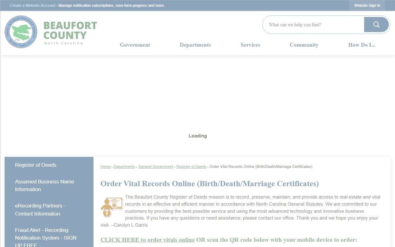 Beaufort County online vital records ordering page for death certificates