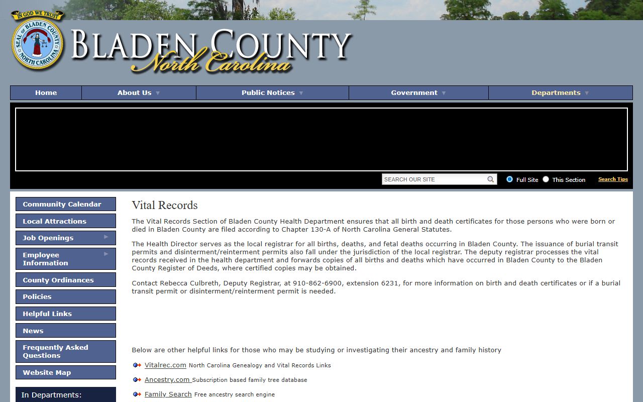Bladen County Health Department vital records page for death index