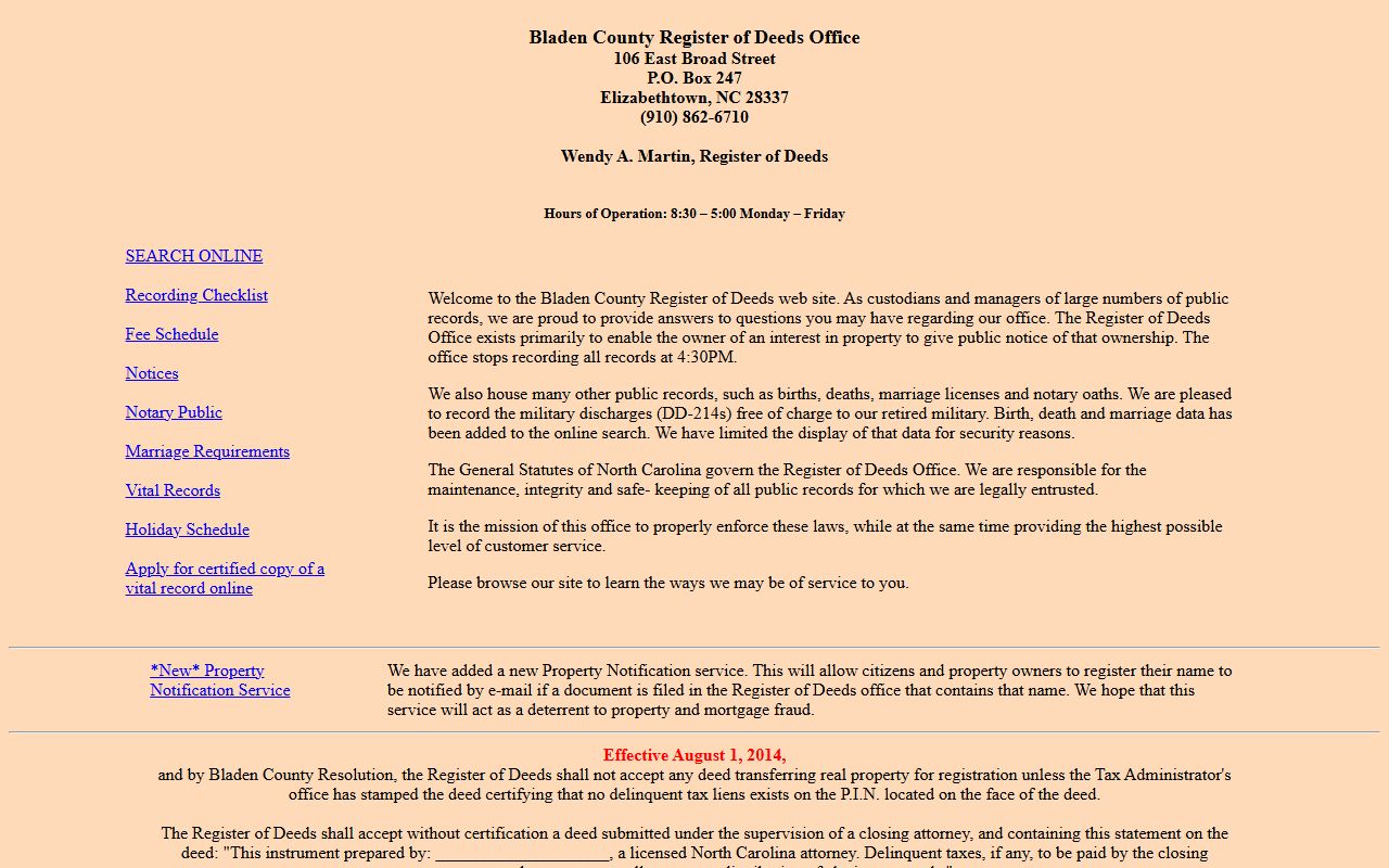 Bladen County Register of Deeds website for death index records