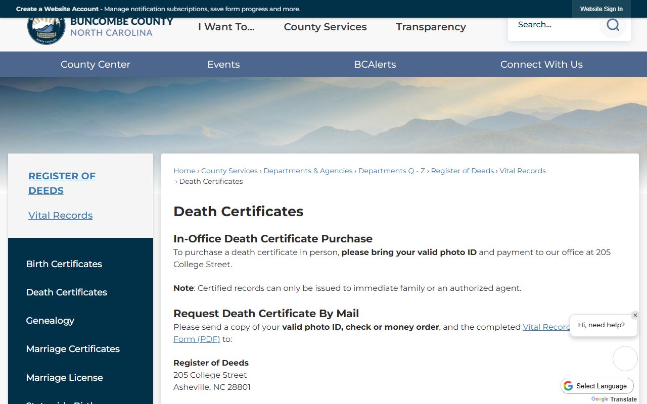 Buncombe County death certificates page for death index records