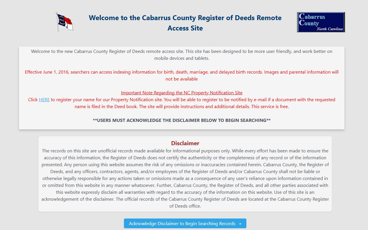 Cabarrus County online records search for death index