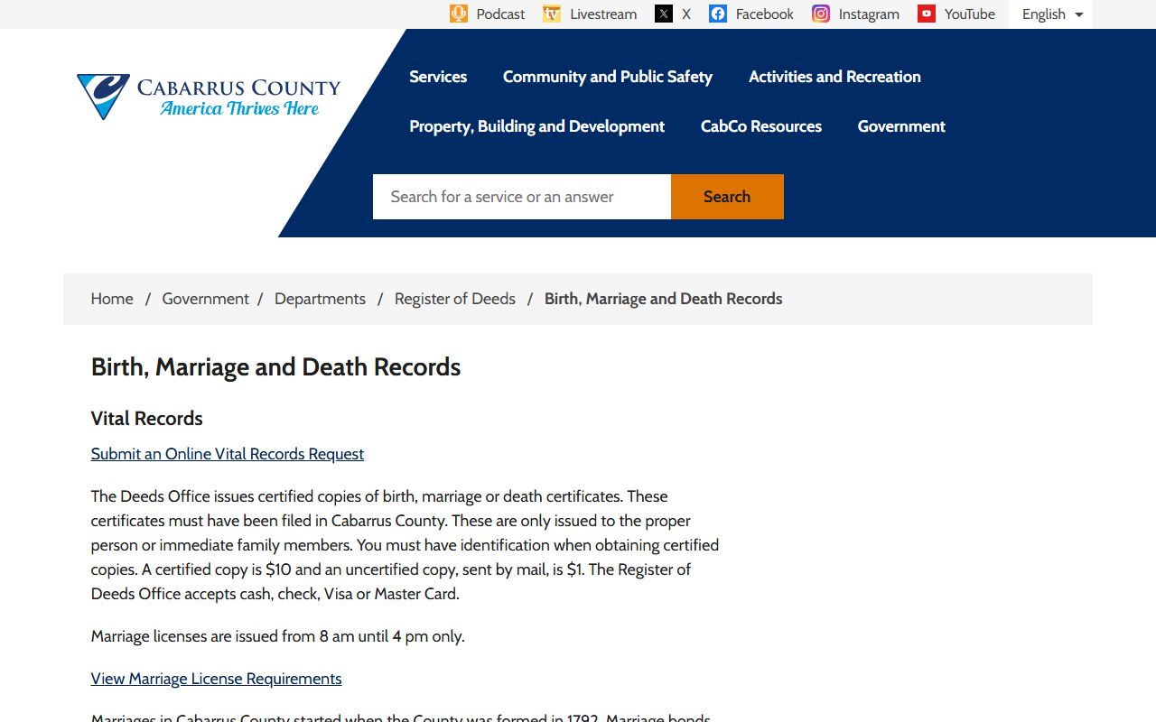 Cabarrus County vital records page for death index information