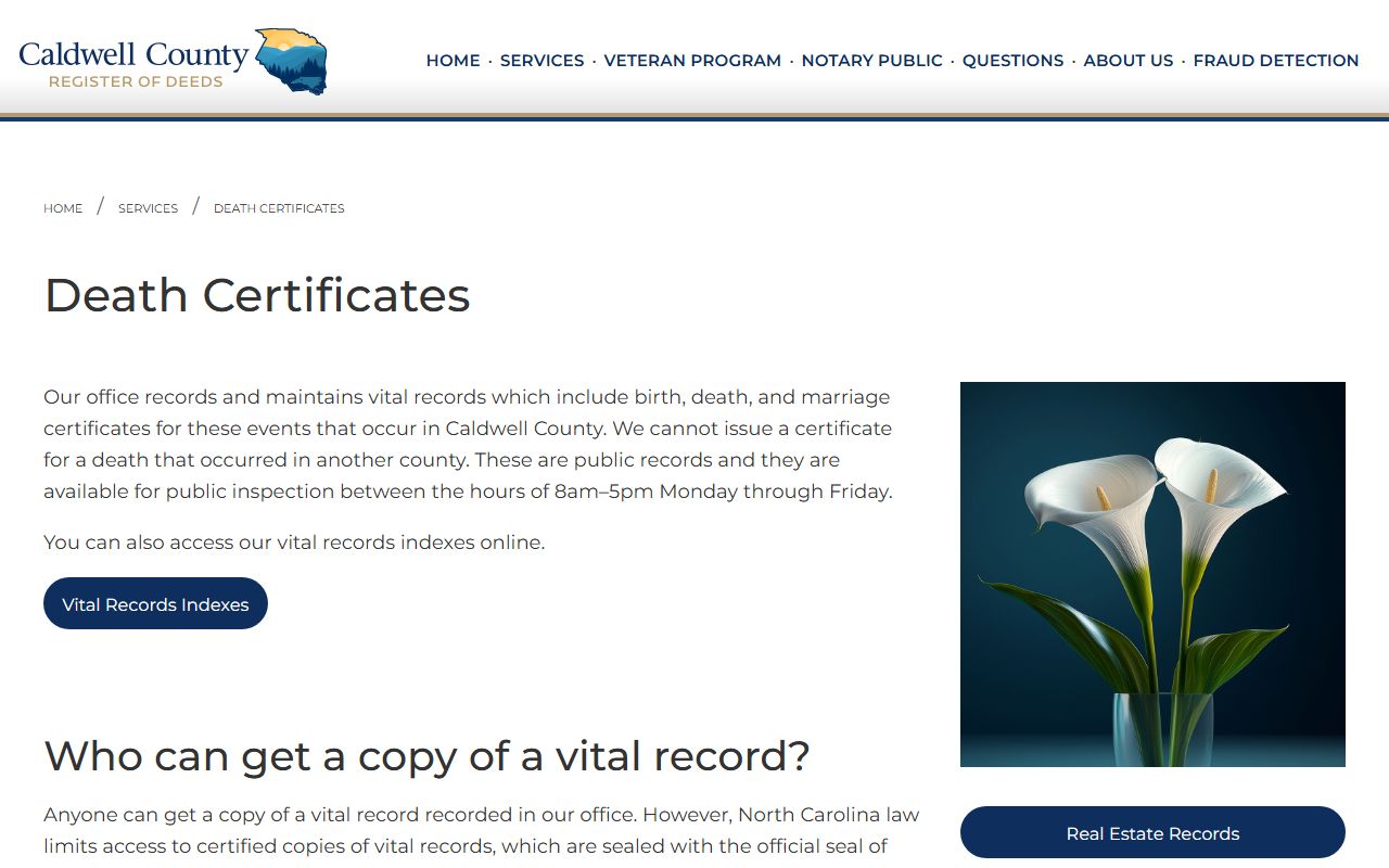 Caldwell County death certificates page for death index records