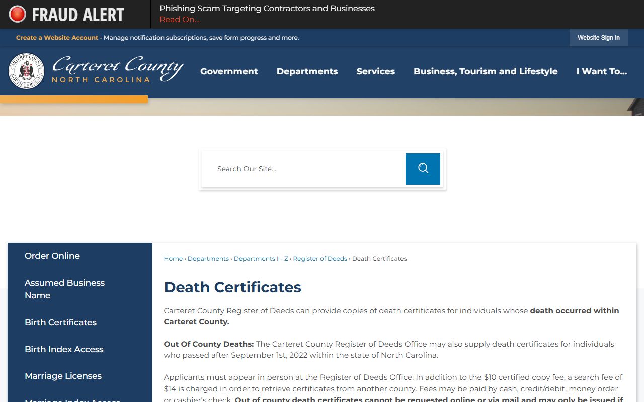 Carteret County death certificates page for death index information