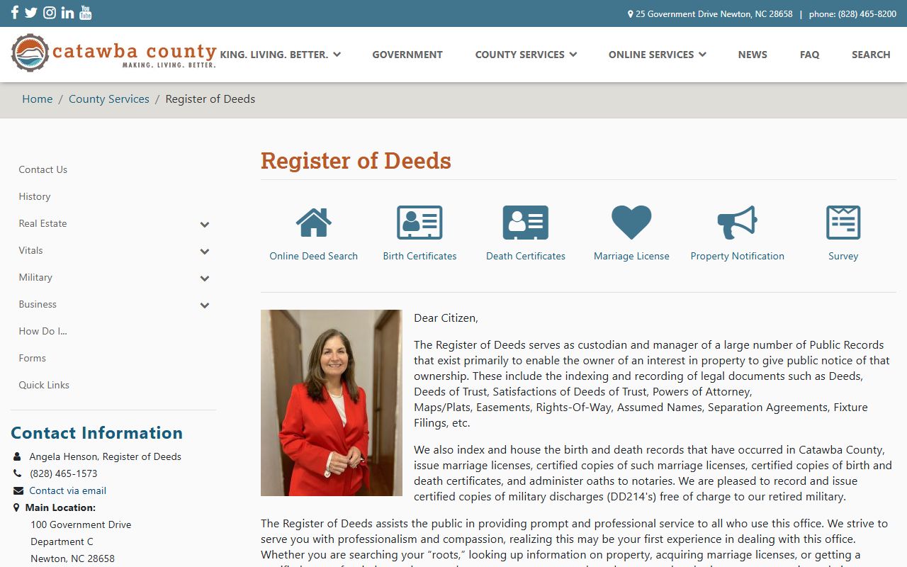 Catawba County Register of Deeds website for death index records