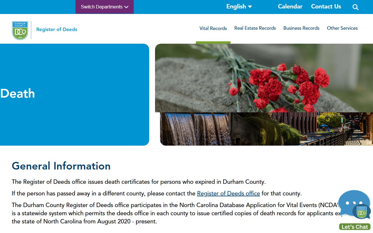 Durham County death certificates information page