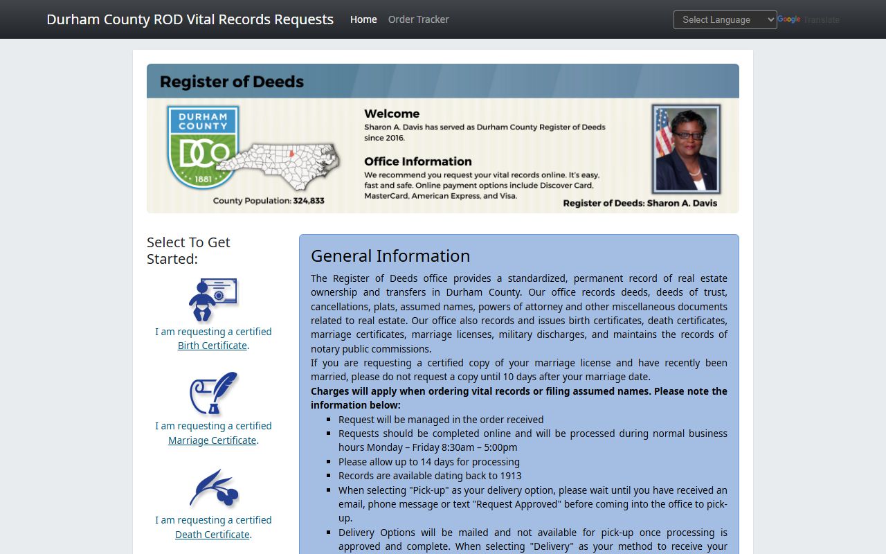Durham County online death record request system
