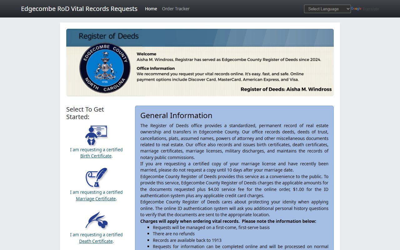 Edgecombe County online death record request portal