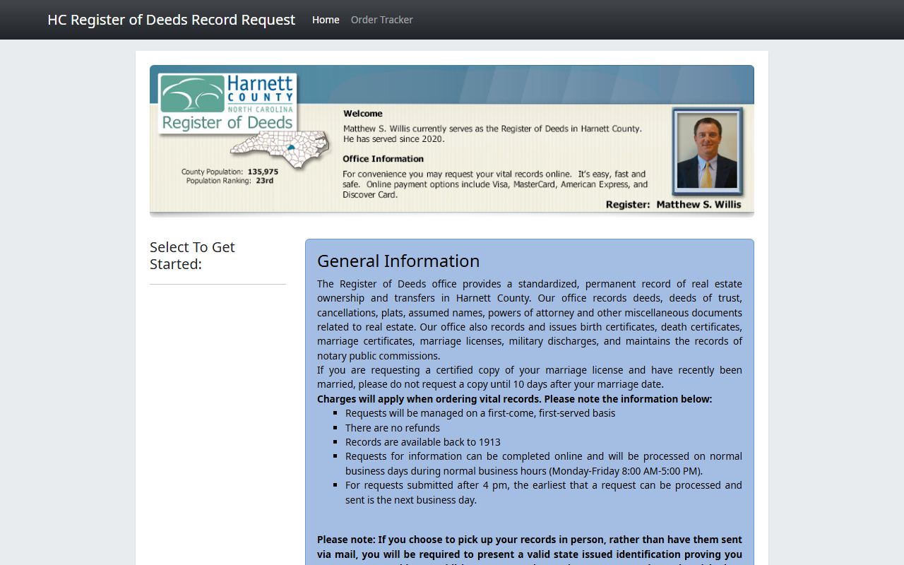 Harnett County online request system for death index certificates