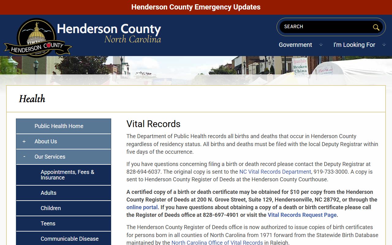 Henderson County vital records page for death index information