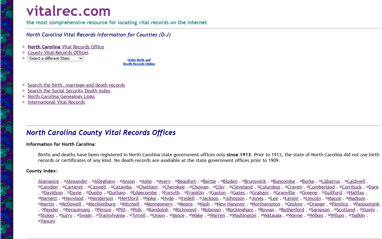 Hyde County vital records page for death index information