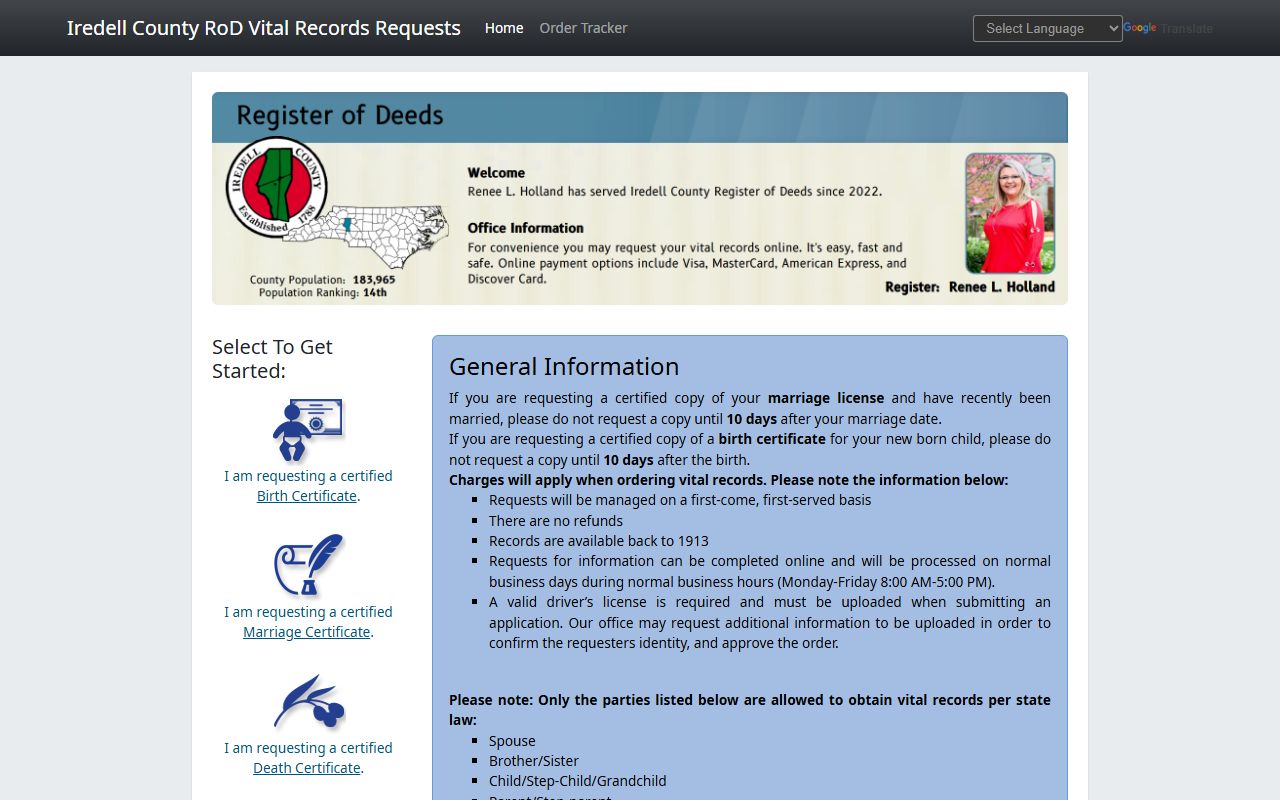 Iredell County online request portal for death index records