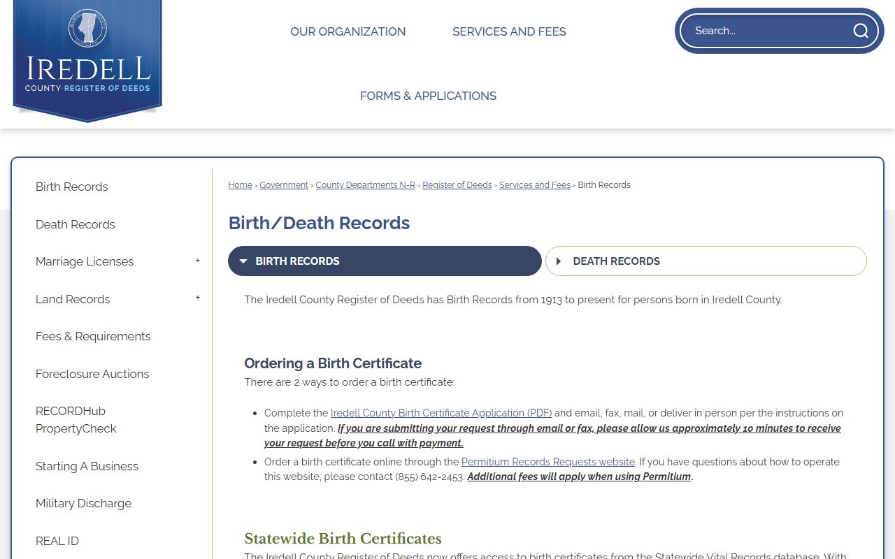Iredell County vital records page for ordering death index certificates