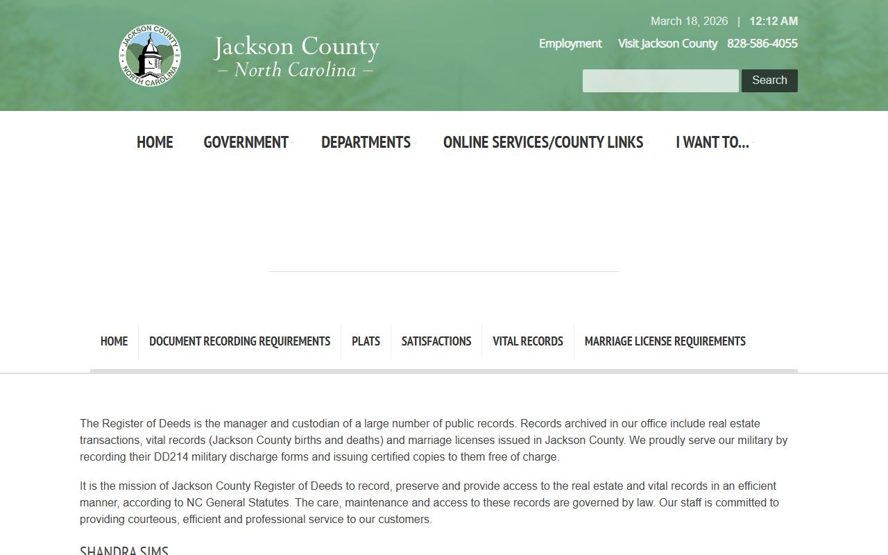 Jackson County Register of Deeds for death index record access