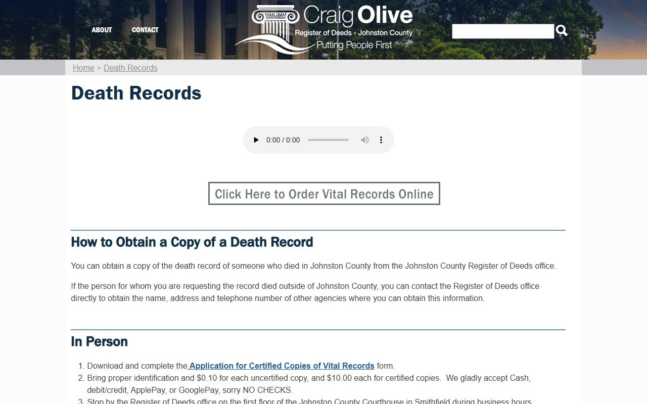 Johnston County Register of Deeds death records information page