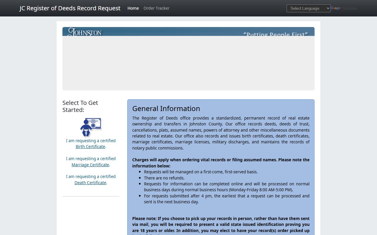 Johnston County online vital records ordering portal for death certificates