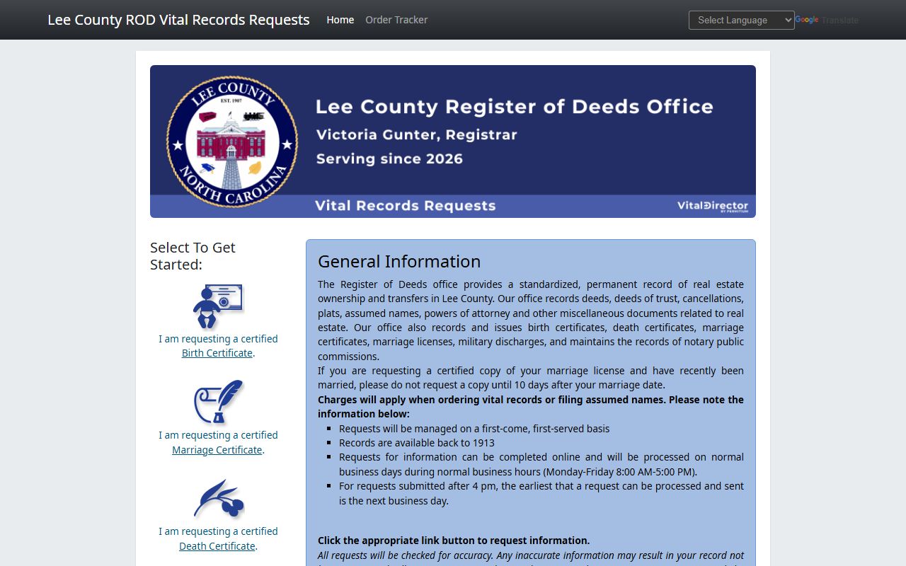 Lee County online vital records ordering system for death certificates