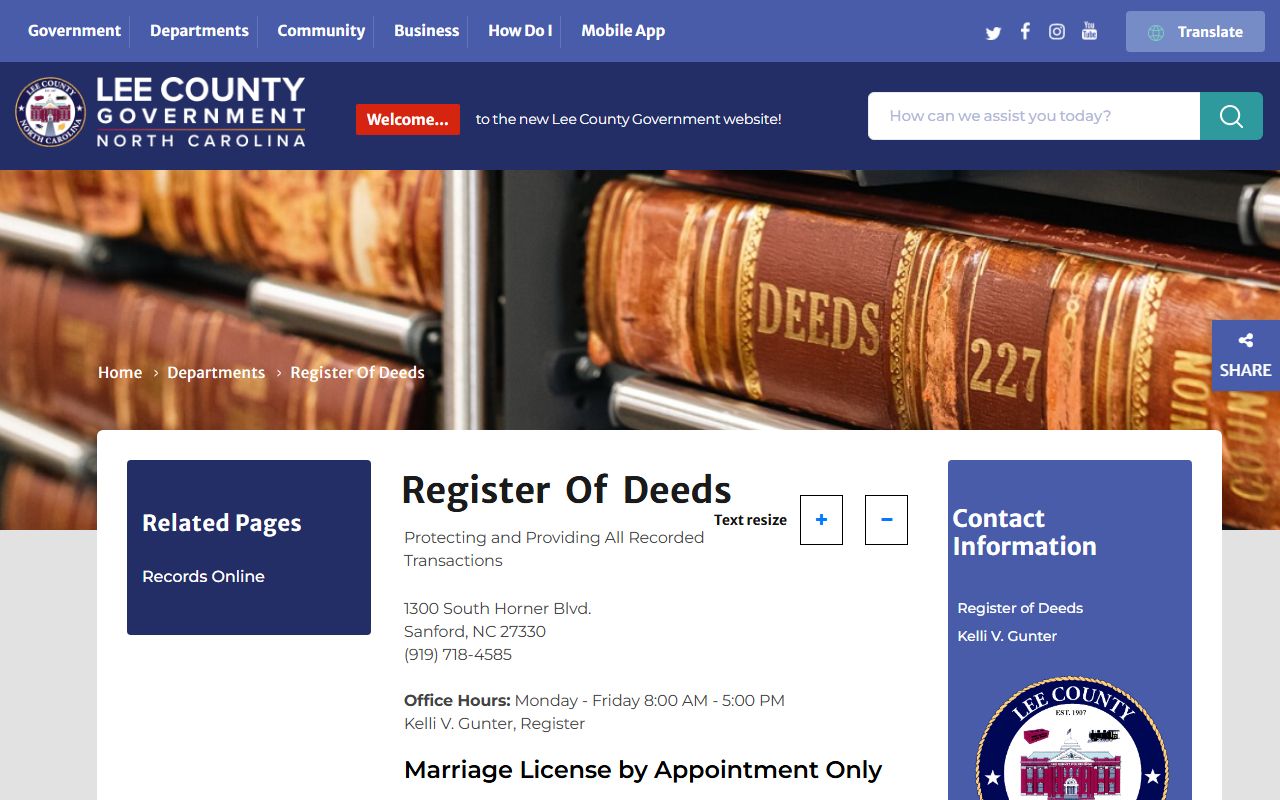 Lee County Register of Deeds official website for death records