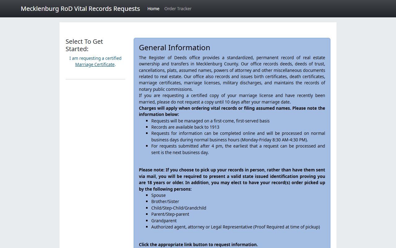 Mecklenburg County online vital records ordering portal for death certificates