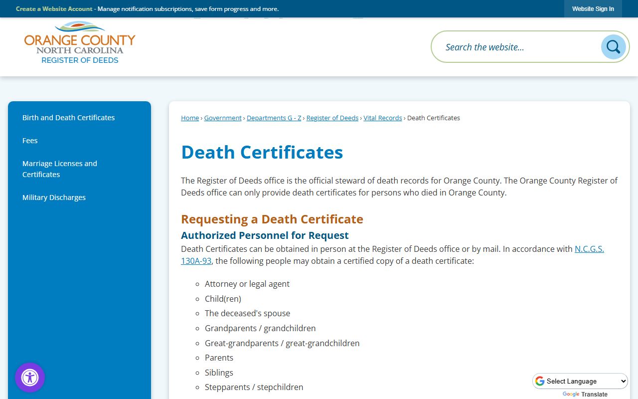 Orange County Register of Deeds death certificates page