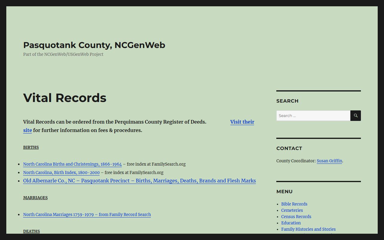Pasquotank County NCGenWeb genealogy page for death records