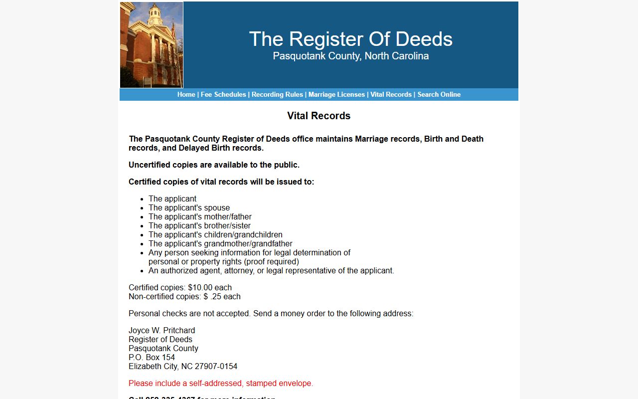 Pasquotank County vital records page for death certificates