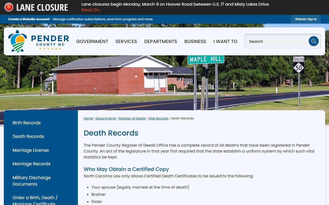 Pender County Register of Deeds death records page for Pender County death index