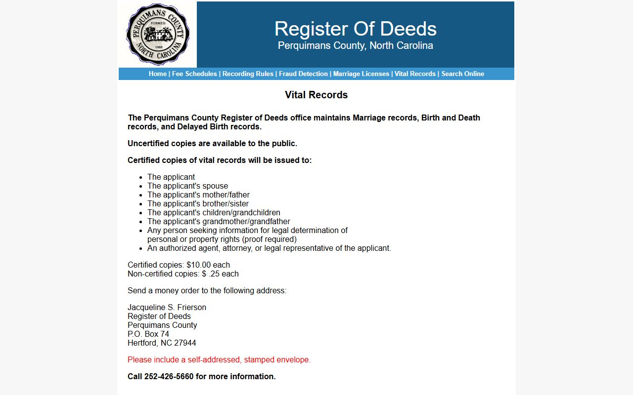 Perquimans County vital records page for death index search