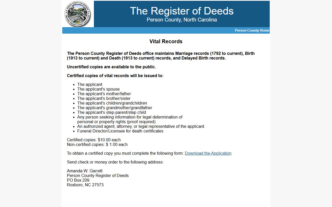 Person County vital records page for death index lookup