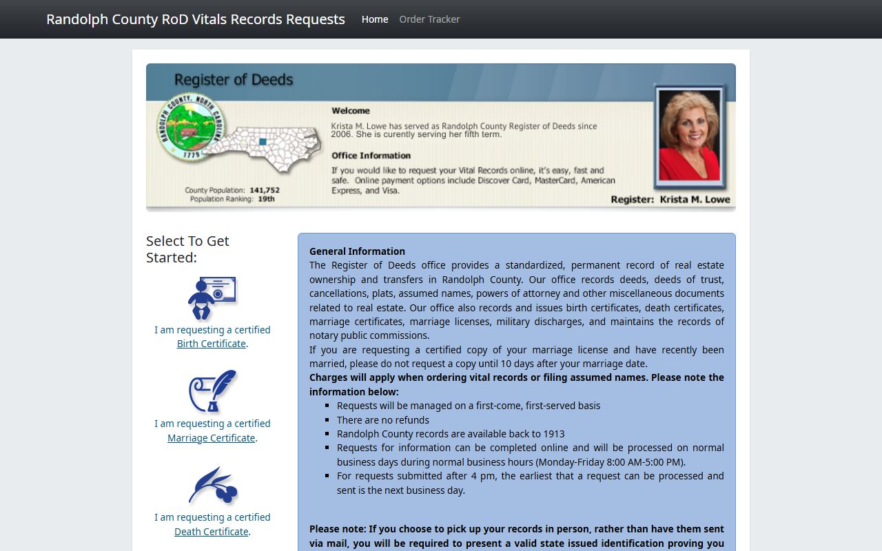 Randolph County online death record request portal