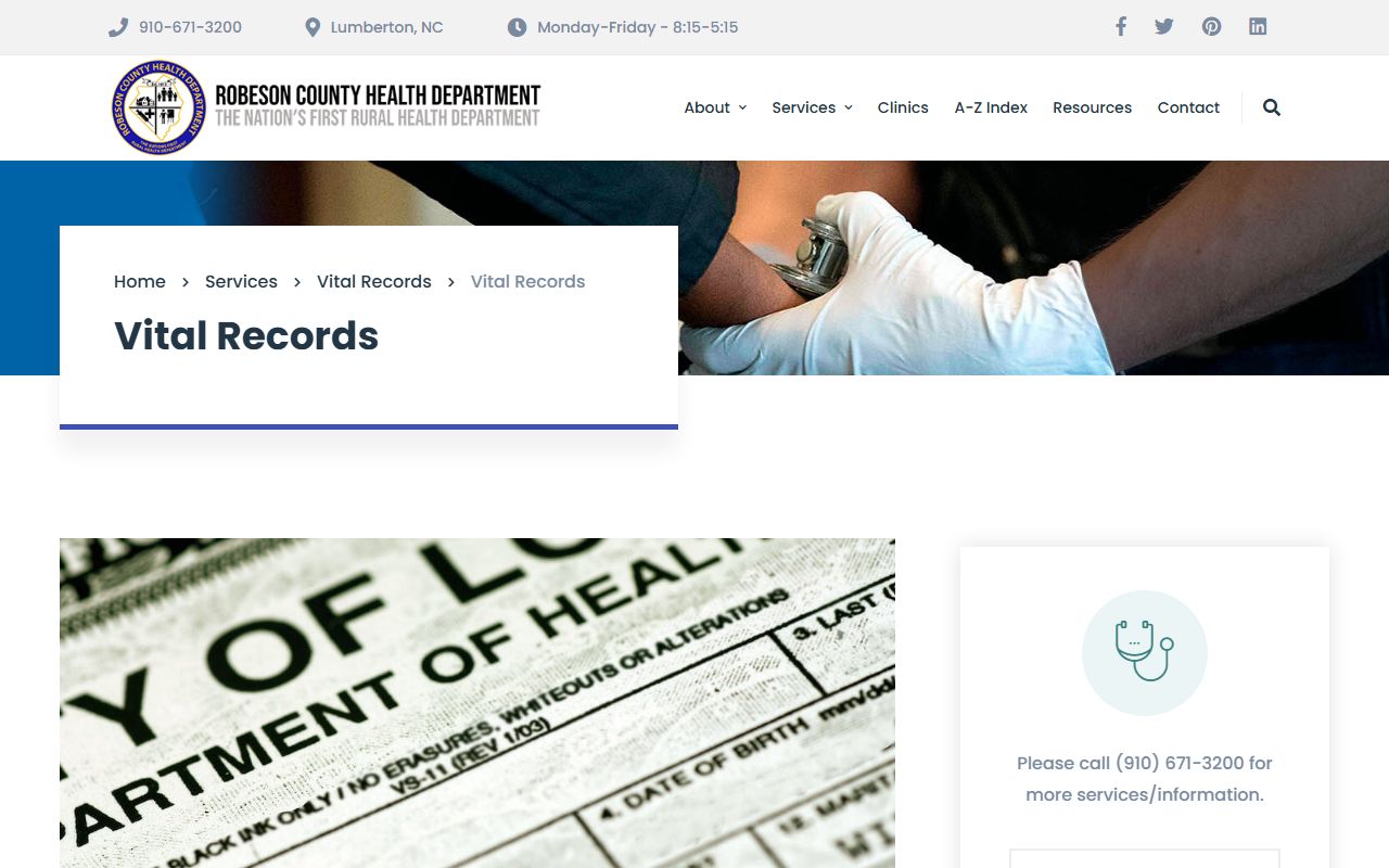 Robeson County Health Department vital records for death index