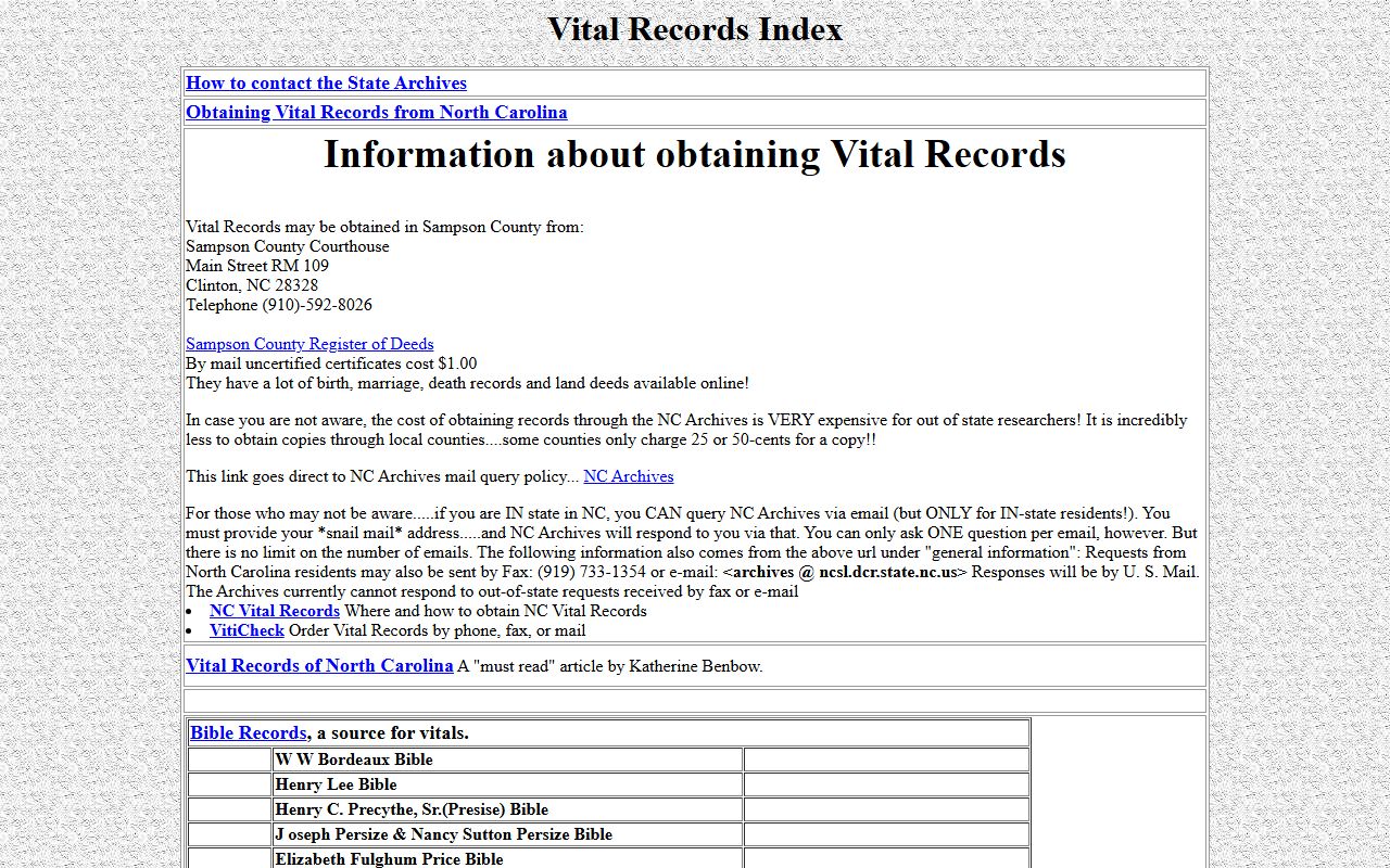 Sampson County genealogy vital records page for death index research
