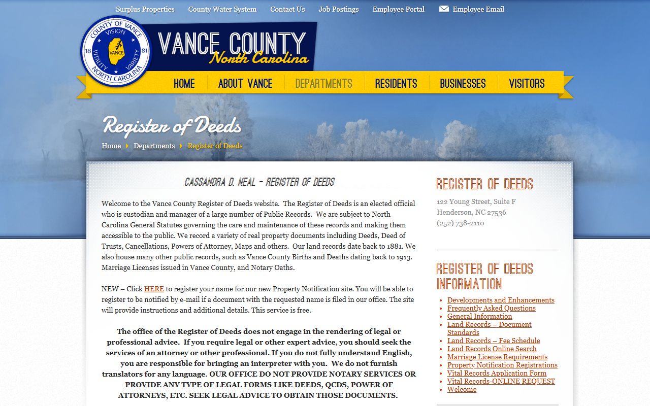 Vance County Register of Deeds department page for death records