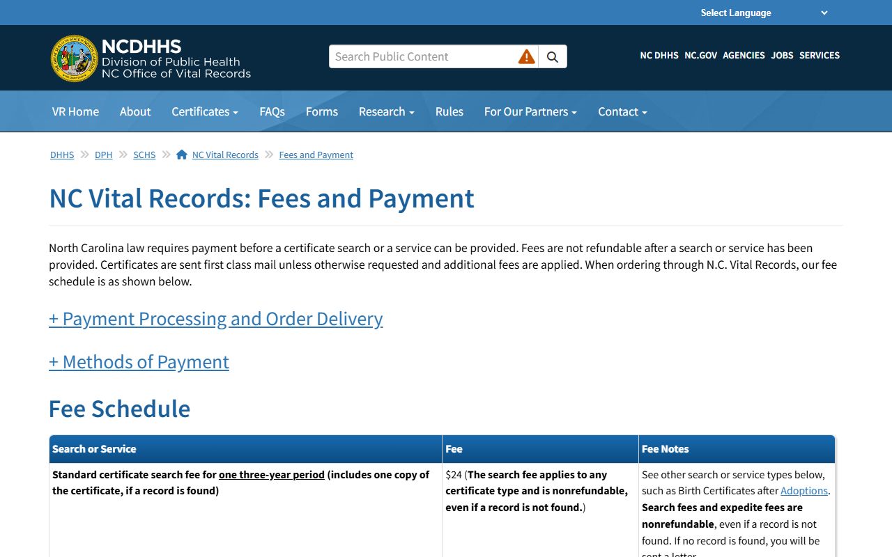 North Carolina death index certificate fees information