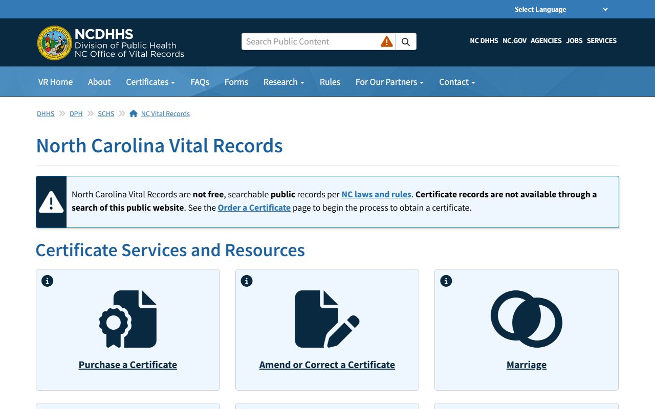 North Carolina death index official vital records website