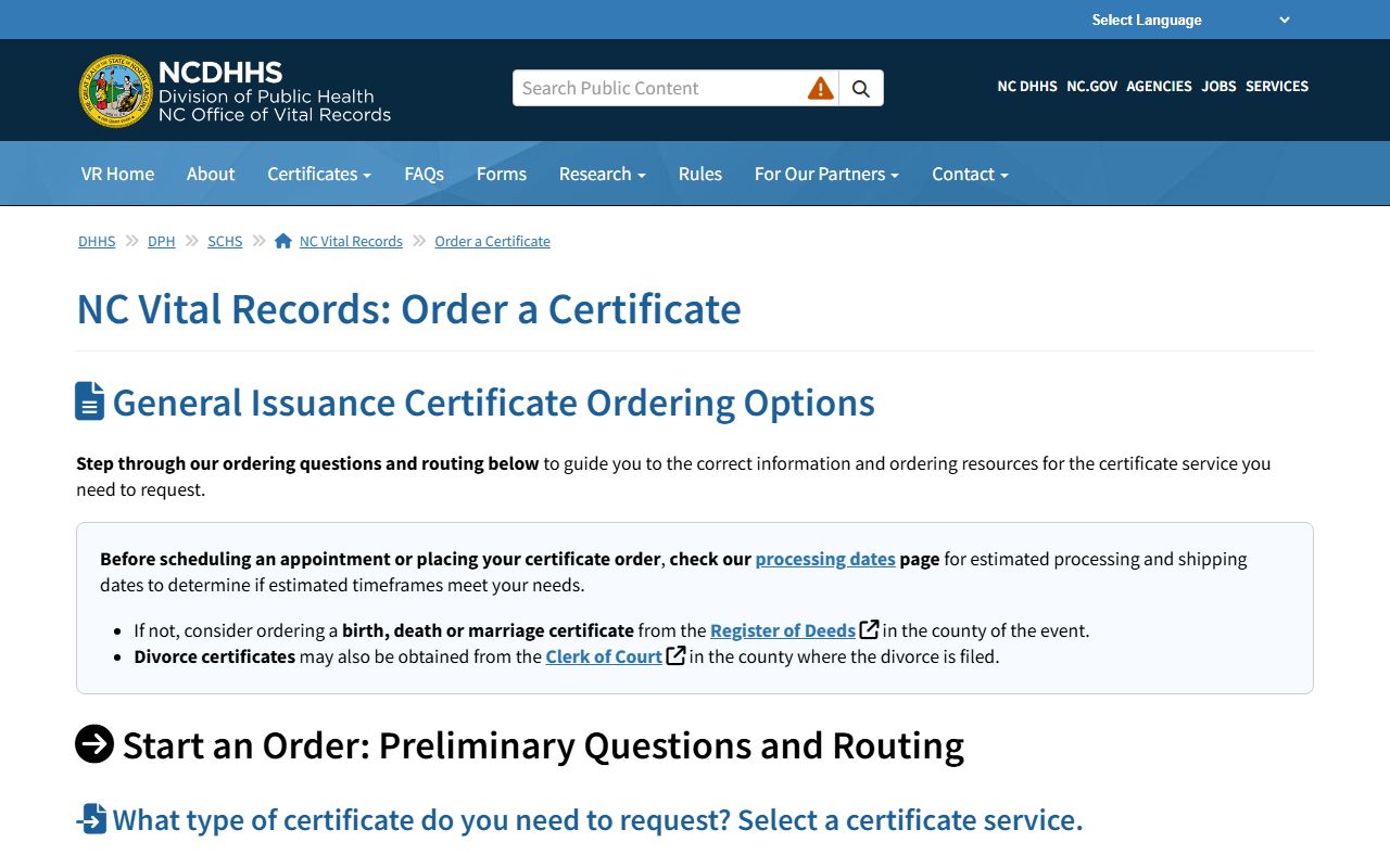 North Carolina death index ordering page for certificates