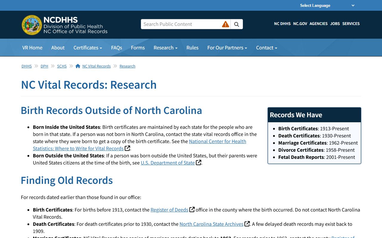 North Carolina death index research information page